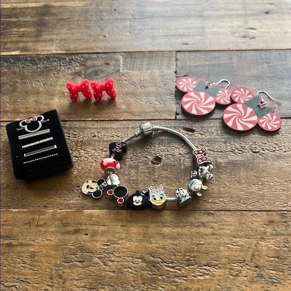 Disney Kids Charm Bracelet and Earrings Set - Red and Silver